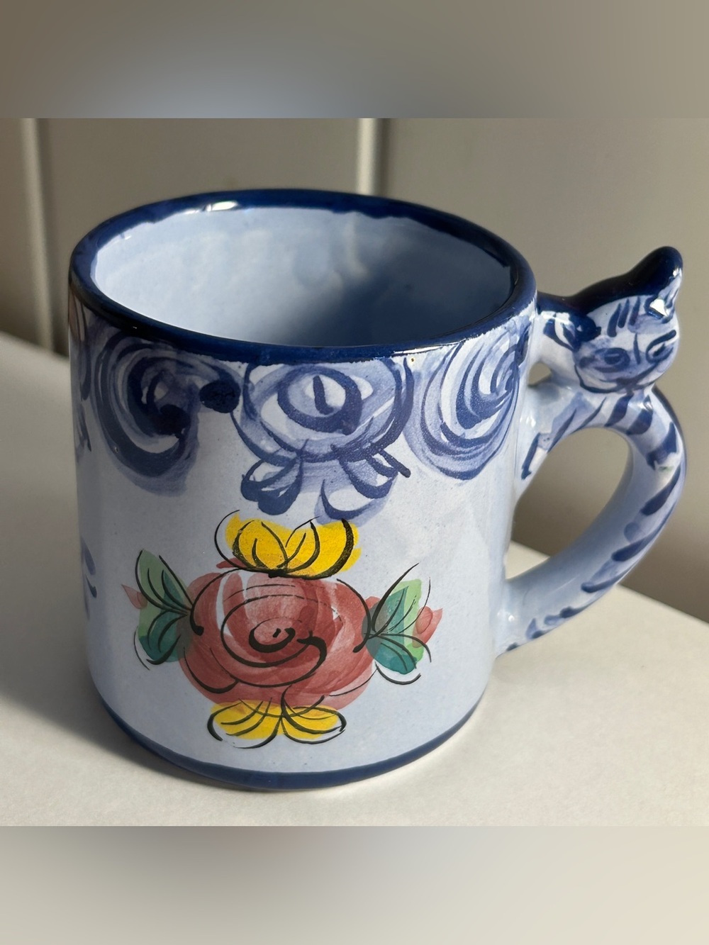 Vintage mug cat handle made in Portugal pained blue floral Painted